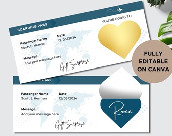 Peut inclure: Un modèle de carte d'embarquement imprimable avec une enveloppe personnalisable. Le modèle présente une carte du monde bleue et blanche avec un cœur doré sur le devant et un cœur bleu avec le mot "Rome" au dos. Le texte "Gift Surprise" est écrit sur les deux côtés du modèle.