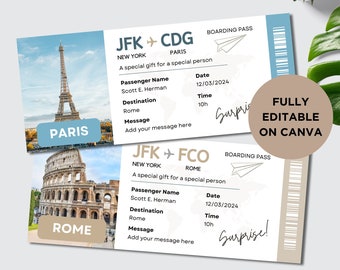 Peut inclure: Deux modèles de cartes d'embarquement avec des images de la Tour Eiffel et du Colisée. Les billets indiquent "Paris" et "Rome", avec "JFK + CDG" et "JFK + FCO". Chaque billet comprend les détails du passager et les mots "Surprise!" et "Entièrement modifiable sur Canva."
