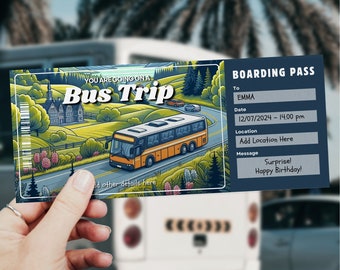 Sjabloon voor busreistickets, instapkaart, reisverrassing, afdrukbare reisvoucher, reisbusticket, bustour, busreis