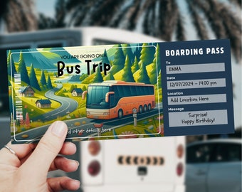 Sjabloon voor busreistickets, instapkaart, reisverrassing, afdrukbare reisvoucher, reisbusticket, bustour, busreis