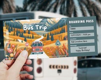 Sjabloon voor busreistickets, instapkaart, reisverrassing, afdrukbare reisvoucher, reisbusticket, bustour, busreis