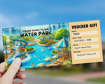 May include: A colorful voucher for a water park visit. The voucher is for Emma and is dated 12/07/2024. The voucher says "You're going to the water park" and "Surprise! I love you!"