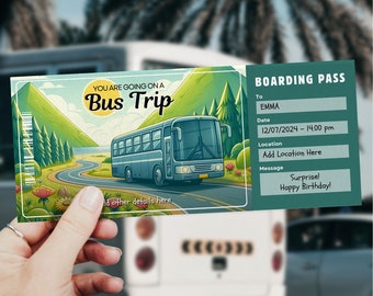 Sjabloon voor busreistickets, instapkaart, reisverrassing, afdrukbare reisvoucher, reisbusticket, bustour, busreis