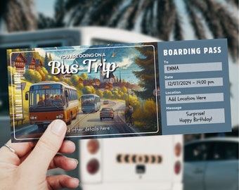 Sjabloon voor busreistickets, instapkaart, reisverrassing, afdrukbare reisvoucher, reisbusticket, bustour, busreis