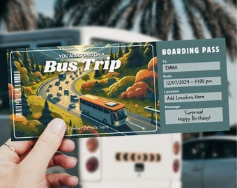 Sjabloon voor busreistickets, busticket, reisverrassing, afdrukbare reisvoucher, reisbusticket, bustour, busreis