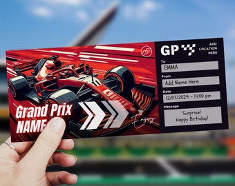 Modello di biglietto F1, Gran Premio F1, Biglietto per la Formula Uno, Biglietto stampabile a sorpresa regalo, Biglietto per la corsa, Biglietto per l'auto da corsa