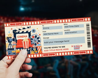 Peut inclure: Un coupon de cinéma rouge, blanc et bleu avec une illustration de cinéma de dessin animé. Le coupon a des espaces à remplir avec le nom du destinataire, le nom de l'expéditeur, un message, le titre du film et la date et l'heure du film. Le texte "C'est l'heure du cinéma !" est imprimé sur le coupon.