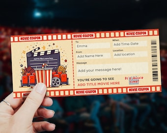 Peut inclure: Un coupon de cinéma imprimable avec un schéma de couleurs rouge, blanc et bleu. Le coupon présente une illustration de dessin animé d'un cinéma avec du pop-corn, une boisson et une bobine de film. Le texte sur le coupon indique "MOVIE COUPON" et "It's movie time!"