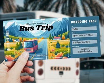 Sjabloon voor busreistickets, instapkaart, reisverrassing, afdrukbare reisvoucher, reisbusticket, bustour, busreis