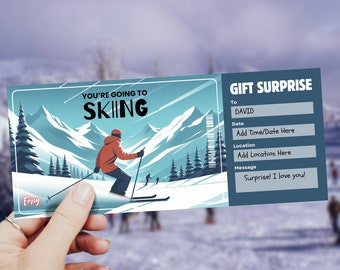 Puede incluir: Un vale de regalo azul y blanco con un esquiador en una montaña. El vale dice "You're going to skiing" y "Gift Surprise".