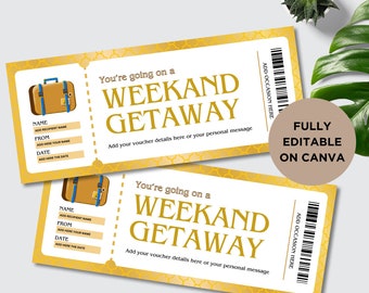 May include: Two printable gift certificate templates with a yellow and white background. The text reads "You're going on a Weekend Getaway". The templates have a suitcase icon and space to add a name, from, date, and occasion.