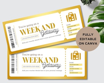 May include: A gold and white printable weekend getaway ticket template with the text "You're going on a WEEK AND Getaway" and a suitcase icon. The template includes fields for adding the recipient's name, the date, and a destination.
