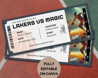 May include: A printable basketball ticket template with a gray and white color scheme. The ticket features a basketball game between the Lakers and Magic. The text "YOU ARE GOING TO SEE LAKERS VS MAGIC" is at the top of the ticket. The ticket also includes the text "NAME", "DATE", "LOCATION", "START", and "Leave here a special note." The ticket is fully editable on Canva.
