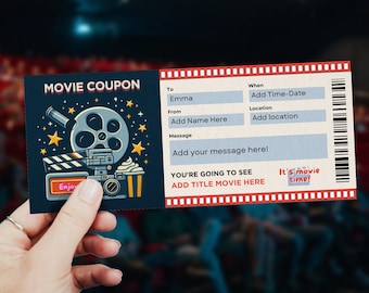 Peut inclure: Un coupon de cinéma imprimable avec une illustration de dessin animé d'une caméra de film et d'un seau de popcorn. Le coupon comporte des champs pour le nom du destinataire, le titre du film, la date et l'heure, et un message. Le texte "C'est l'heure du cinéma !" est dans un cercle rouge.