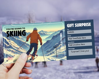 Puede incluir: Un vale de regalo azul y blanco con el texto "You're going to skiing" y una imagen de un esquiador en una montaña. El vale tiene campos para el nombre del destinatario, la fecha, la ubicación y un mensaje. El mensaje dice "Surprise! I love you!"