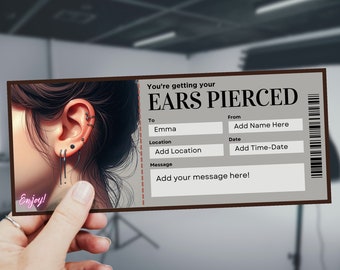 May include: A gift voucher for ear piercing. The voucher is printed on a light brown background with a barcode on the right side. The voucher has a space to fill in the recipient's name, location, and a message. The voucher also has a space to fill in the giver's name and the date.