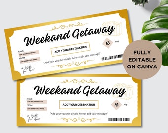 May include: Two gold-bordered "Weekend Getaway" gift vouchers with decorative swirls and a suitcase illustration. The vouchers include fields for recipient and destination details, and the text "Fully Editable on Canva."