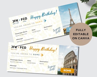 May include: A printable birthday card designed to look like a boarding pass. The card features a photo of the Eiffel Tower and the text "Happy Birthday!" and "You're going to Paris".