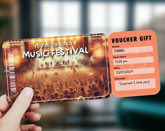 May include: A pink and white voucher with the text "VOUCHER GIFT" and "YOU'RE GOING TO A MUSIC FESTIVAL". The voucher has a space for a name, door open time, date, and a message. The message says "Surprise! I love you!"