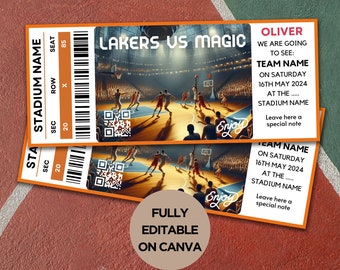 May include: A printable basketball ticket template with a basketball game image, the words "LAKERS VS MAGIC" and "FULLY EDITABLE ON CANVA". The ticket has a section for the stadium name, team name, date, and time. The ticket also has a section for a special note.