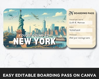 Modèle de billet d'avion New York, modèle de billet carte d'embarquement, carte d'embarquement de vol, billet d'avion, billet imprimable surprise