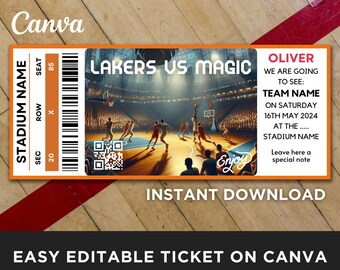 May include: Orange and white basketball ticket template with a basketball game image, the text "LAKERS VS MAGIC", and the words "INSTANT DOWNLOAD" and "EASY EDITABLE TICKET ON CANVA".