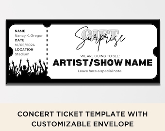 May include: Black and white printable concert ticket template with a silhouette of a crowd of people raising their hands. The text says "Surprise" and "We are going to see: ARTIST/SHOW NAME".  Leave here a special note.  The template is fully editable on Canva.