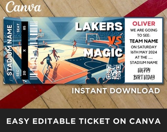 May include: A printable basketball ticket template with a basketball court illustration. The ticket says "LAKERS VS MAGIC" and "INSTANT DOWNLOAD".
