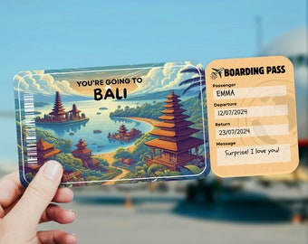 May include: A boarding pass surprise featuring a Bali travel destination. The main card displays a scenic illustration of temples and water, with the text "YOU'RE GOING TO BALI." A smaller boarding pass shows the passenger's name, dates, and a message.