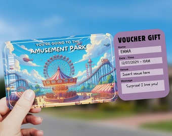 May include: A purple voucher with the text "VOUCHER GIFT" at the top. The voucher is for a trip to an amusement park. The voucher is personalized with the name "EMMA" and the date and time "12/07/2024 - 10AM". The voucher also includes a message that says "Surprise! I love you!"