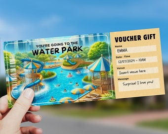 May include: A colorful voucher for a water park visit. The voucher is for Emma and is dated 12/07/2024. The voucher says "You're going to the water park" and "Surprise! I love you!"