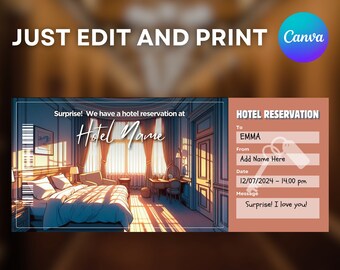 Hotel Voucher Printable Boarding Pass & Reservation - Romantic Weekend Getaway Travel Ticket Surprise Gift