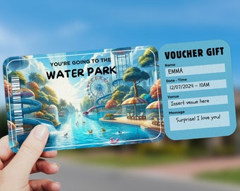 May include: A blue and white voucher with an illustration of a water park. The voucher says "You're going to the Water Park" and has a space for a name, date, time, venue, and message. The message says "Surprise! I love you!"