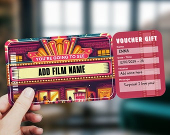May include: A red and yellow movie ticket voucher with the text "You're going to see" and "Add film name". The voucher is for a gift and includes a space to write the recipient's name, date, time, theater, and a message. The message reads "Surprise! I love you!"