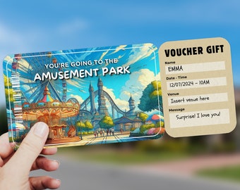 May include: A printable voucher for a trip to the amusement park. The voucher is a light brown color with black text. The text says "You're going to the amusement park." The voucher has a section for the name, date, time, venue, and a message. The message says "Surprise! I love you!"