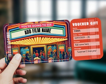 May include: A red and white printable voucher for a movie ticket. The voucher has a cartoon image of a movie theater with people in line. The text on the voucher says "You're going to see Add Film Name".