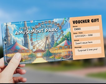 May include: A colorful voucher for a trip to the amusement park. The voucher is decorated with a cartoon image of a Ferris wheel and a carousel. The voucher is addressed to Emma and includes the date and time of the event: 12/07/2024 - 10AM. The message on the voucher reads "Surprise! I love you!"