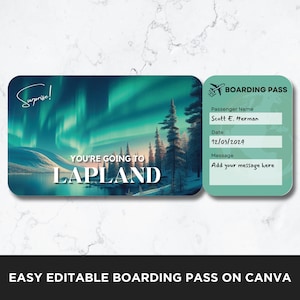 Modèle de billet d'avion pour la Laponie, modèle de billet carte d'embarquement, carte d'embarquement pour vol, billet d'avion, billet surprise à imprimer