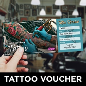 Modèle de ticket de tatouage, bon cadeau tatouage, coupon surprise imprimable, amateur de tatouage, certificat de tatouage, carte-cadeau tatouage