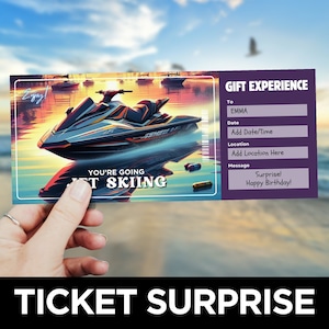 Könnte beinhalten: Ein violettes und weißes Geschenkgutschein mit einem Bild eines Jetskis auf dem Wasser. Der Text auf dem Gutschein lautet "You're going Jet Skiing" und "Gift Experience".