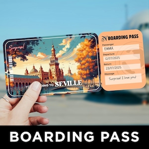 Carta d'imbarco di Siviglia, Viaggio a sorpresa, Modello di biglietto aereo, Voucher aereo, Carta d'imbarco volo, Biglietto aereo spagnolo
