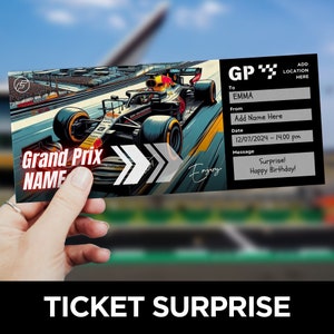 Bewerkbare F1-ticketsjabloon, F1 Grand Prix, Formule 1-ticket, printbaar verrassingsticket, raceticket, raceautoticket