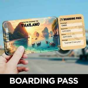 Carte d'embarquement pour la Thaïlande, Voyage surprise, Modèle de billet d'avion, Coupon avion, Carte d'embarquement pour un vol, Billet d'avion pour la Thaïlande