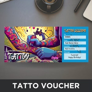 Modèle de bon de tatouage, billet de tatouage imprimable, billet surprise, amateur de tatouage, chèque-cadeau tatouage, carte-cadeau tatouage