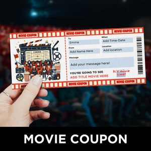 Movie Ticket Template, Printable Movie Coupon, Cinema Tickets, Movie Night Invitation, Movie Themed Party, Date Night Ideas