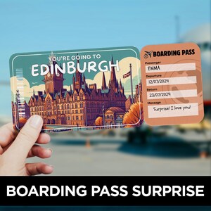 Voyage surprise à Édimbourg, modèle de billet carte d'embarquement, carte d'embarquement pour vol, billet d'avion, billet cadeau à imprimer