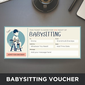 Printable Babysitting Voucher, Gift Coupon Template, Babysitter Coupon, Babysitting Ticket, Babysitting Certificate