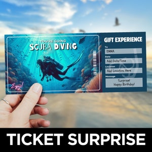 Modelo de ingresso para mergulho, voucher para esportes aquáticos, cupom para mergulho em alto mar imprimível, ingresso esportivo surpresa, experiência de presente