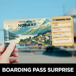 Carte d'embarquement pour la Norvège, Voyage surprise, Modèle de billet d'avion, Carte d'embarquement, Carte d'embarquement pour un vol, Billet d'avion pour la Norvège