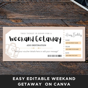 Weekend Getaway Ticket Vorlage, bearbeitbarer Reisegutschein, romantischer Kurzurlaub, Couponvorlage, Geschenkgutscheinvorlage